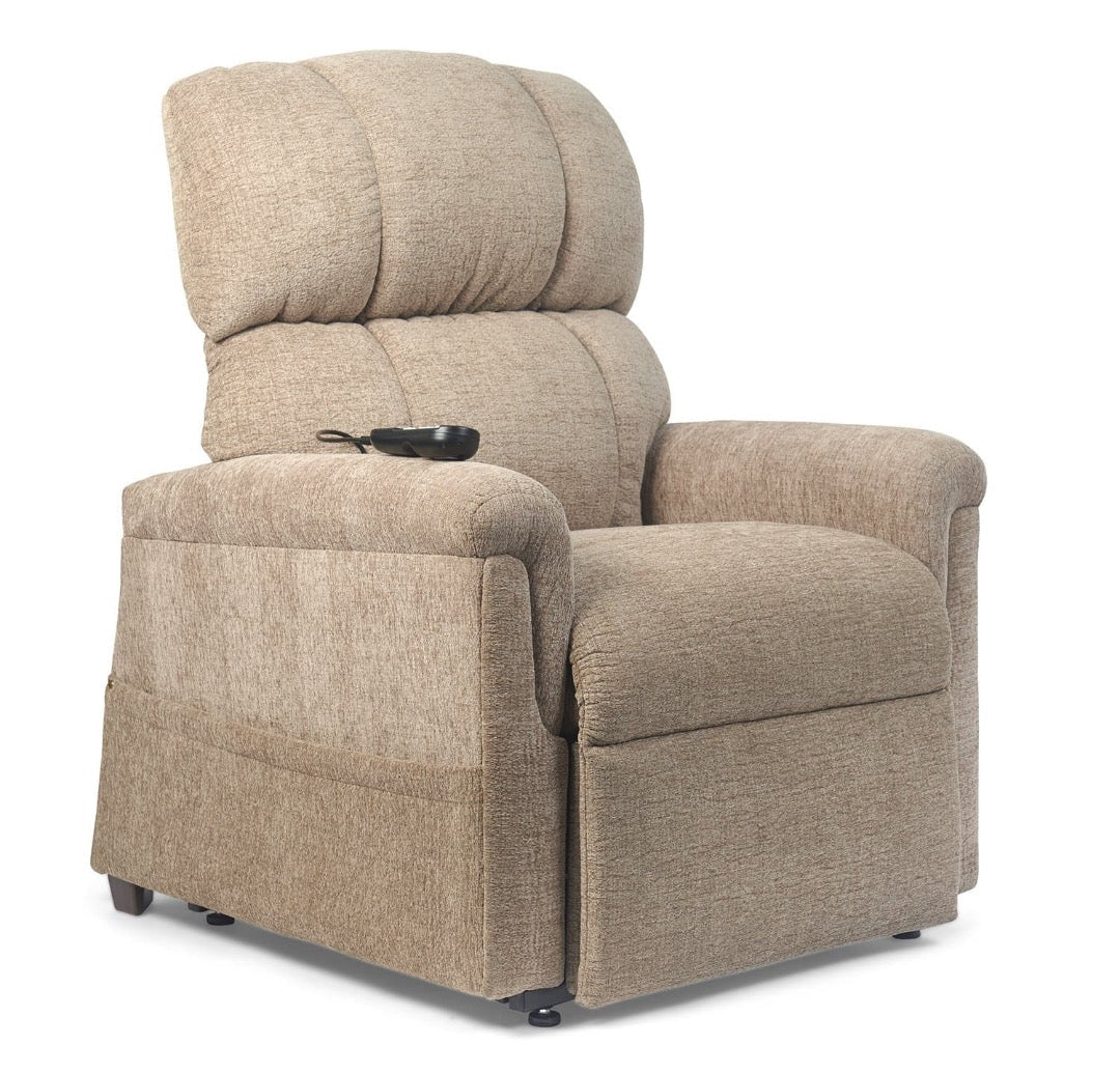 Golden Tech PR535 MaxiComforter Power Lift Recliners - Small & Medium - Sandstorm seated position front right