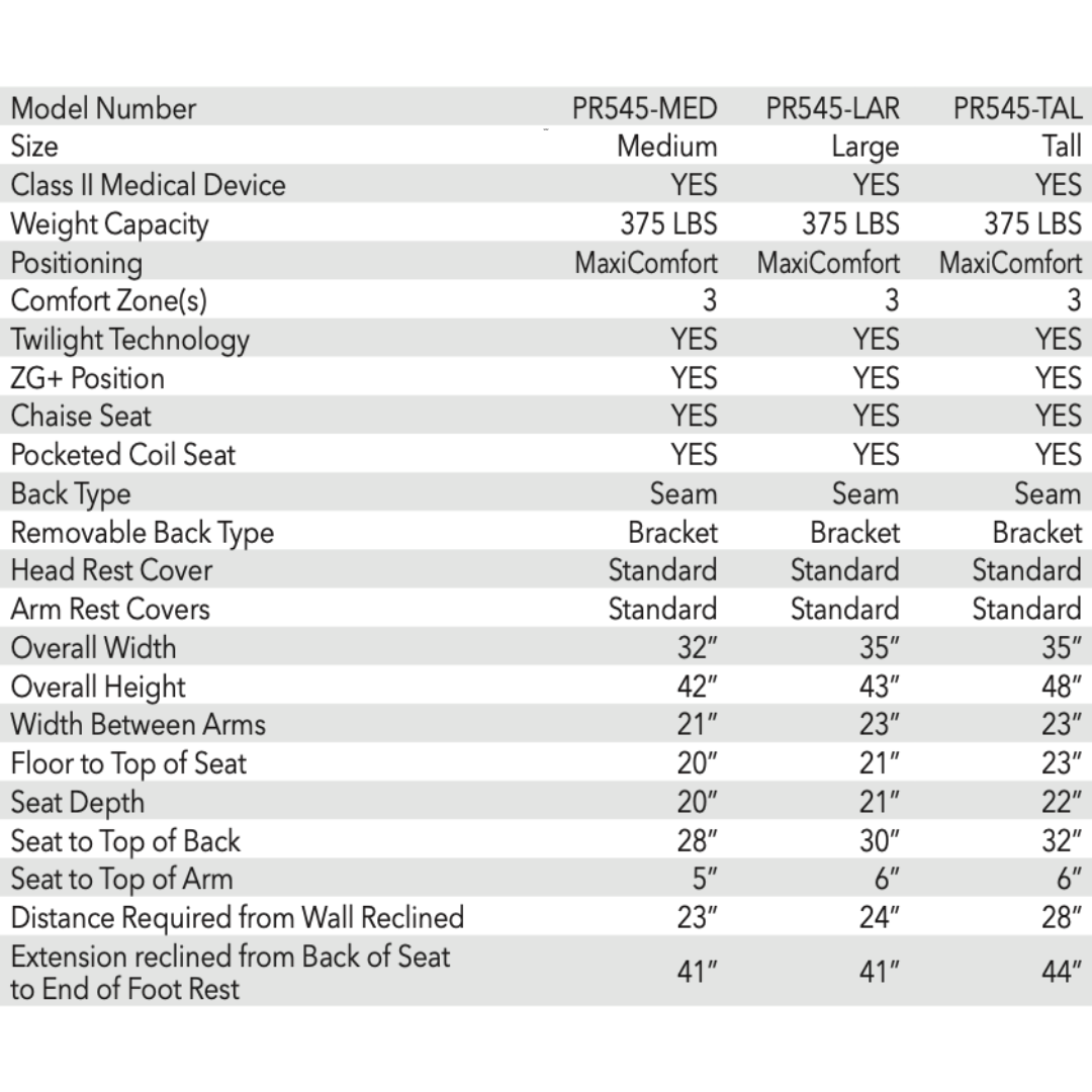 Golden Tech PR545 Recliner with Assisted Lift - Twilight & MaxiComfort Positioning - Specifications