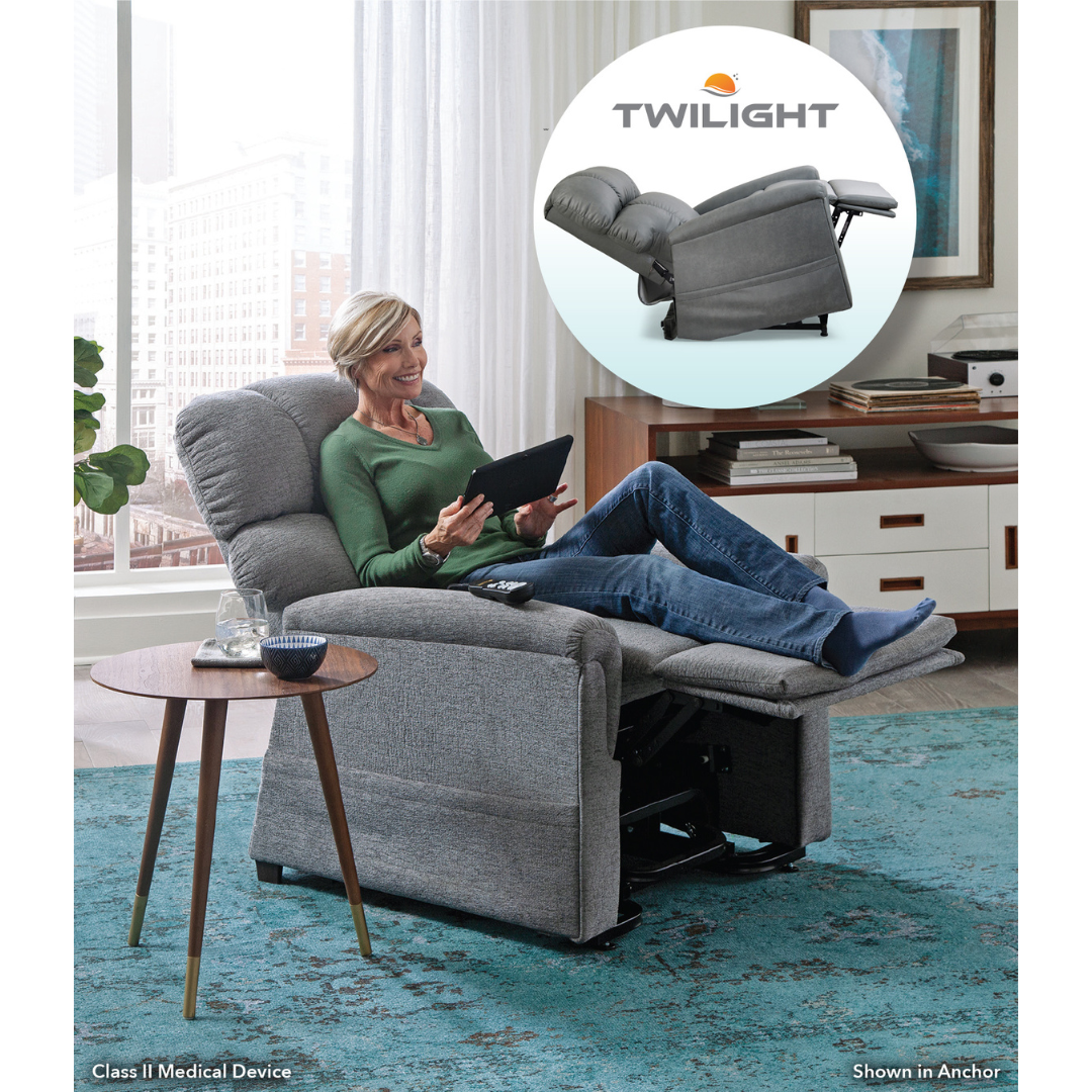 Golden Tech PR545 Recliner with Assisted Lift - Twilight & MaxiComfort Positioning - with user in reclining position