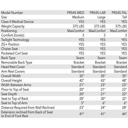 Golden Tech PR545 Recliner with Assisted Lift - Twilight & MaxiComfort Positioning - Specifications